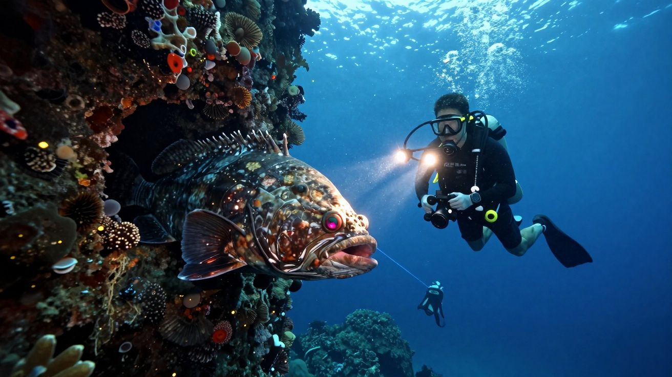 Mergulhador fotografando peixe grande perto de recife colorido em águas profundas.