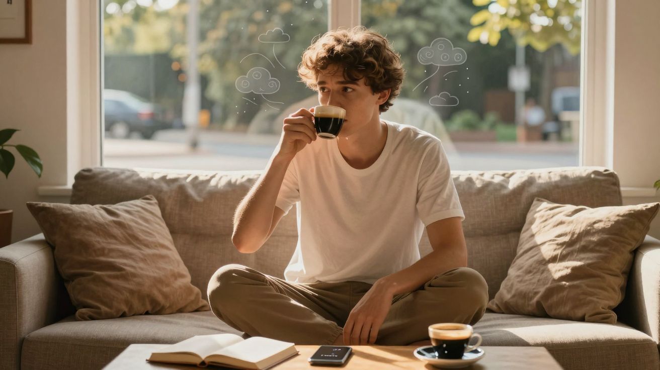 Jovem sentado no sofá tomando café, com livro e celular sobre a mesa em ambiente iluminado.