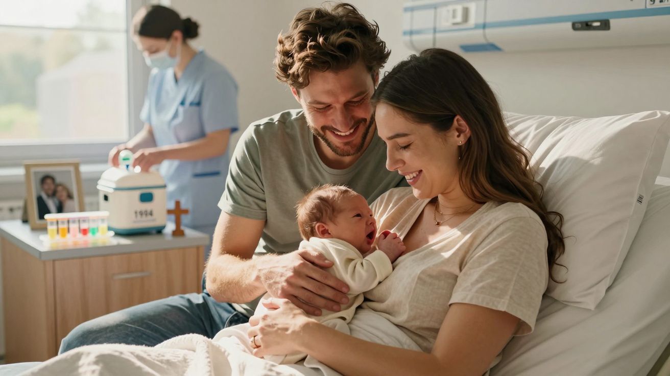Casal sorrindo segurando recém-nascido em hospital, com enfermeira ao fundo realizando procedimentos.