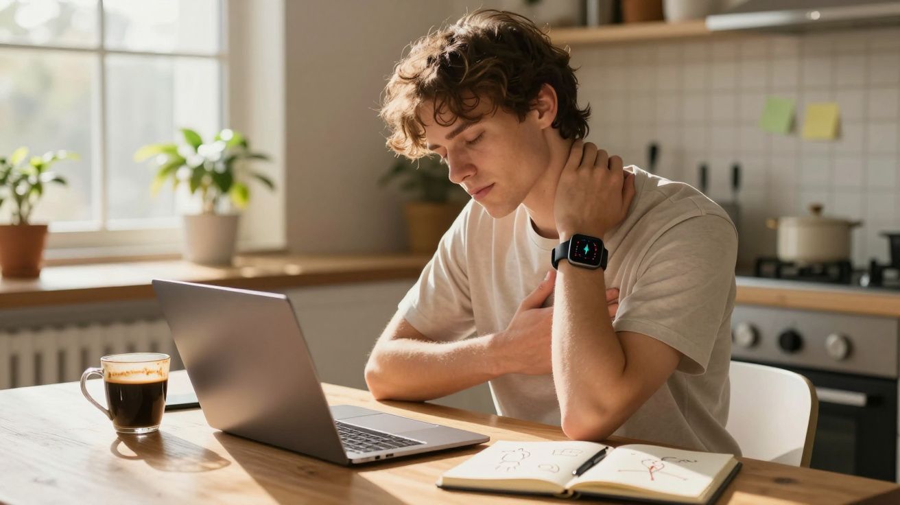 Jovem sentado à mesa com laptop e caderno, segurando o pescoço em sinal de desconforto.