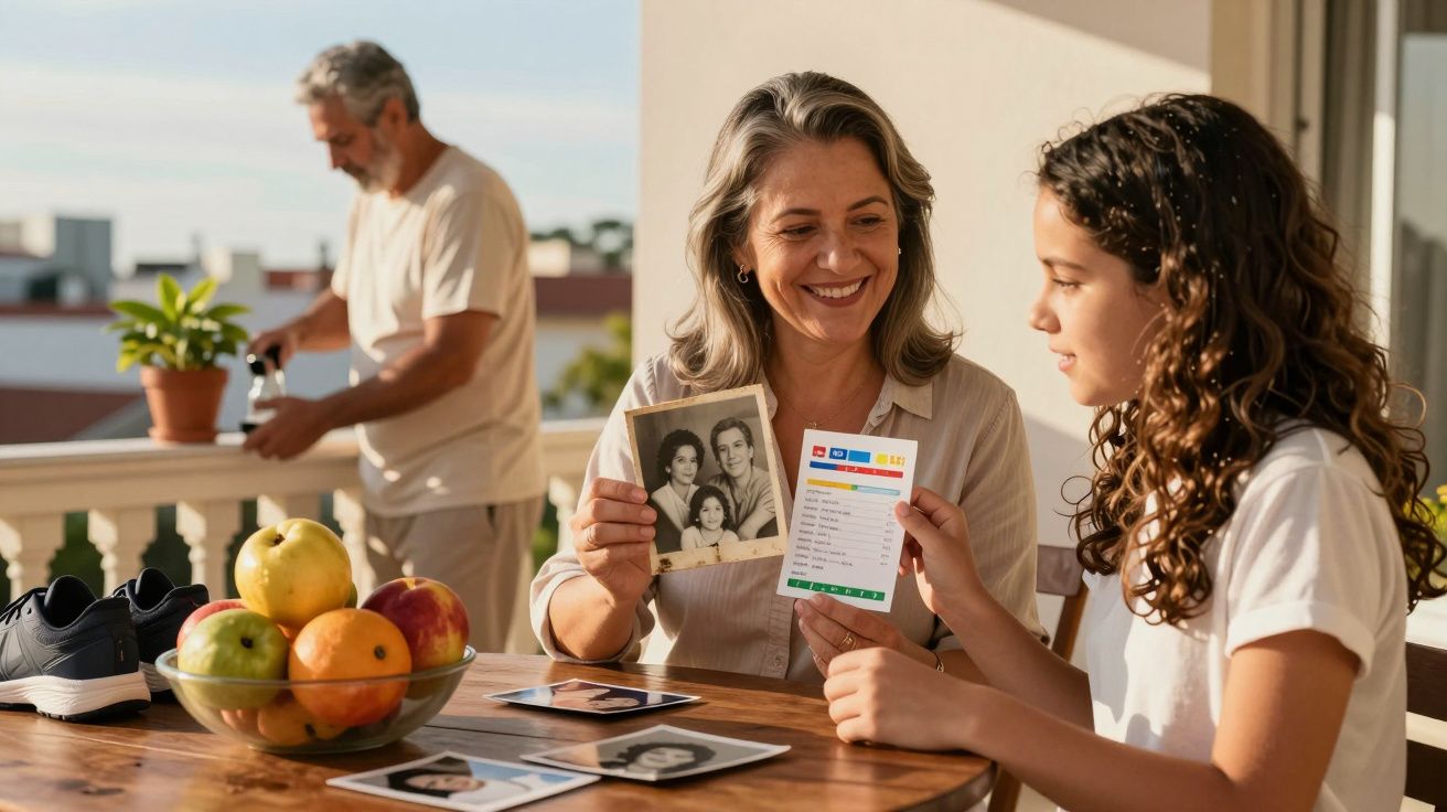 Mulher e menina com fotos antigas e cartão de dados em mesa, homem ao fundo preparando bebida na varanda.