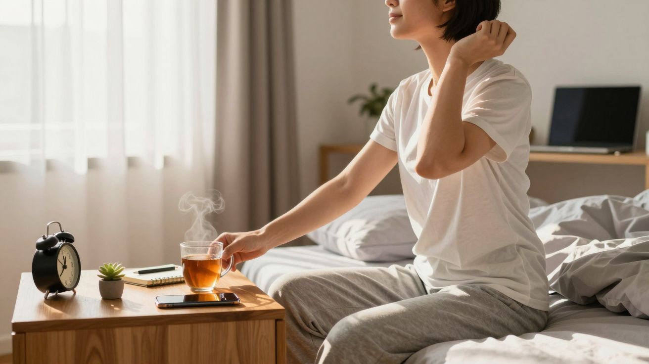 Pessoa sentada na cama pela manhã, pegando uma xícara de chá quente na mesinha ao lado.