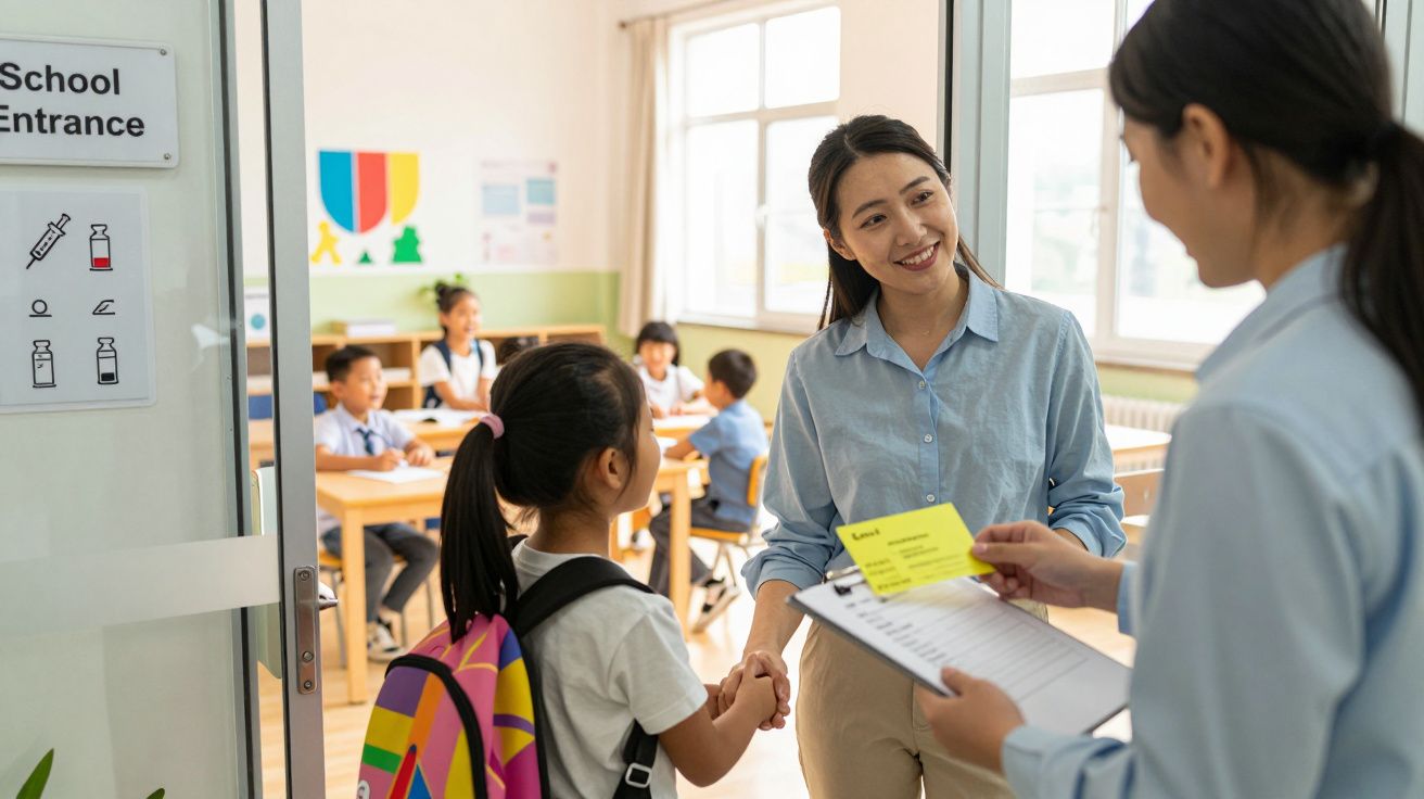 Professora cumprimenta aluna na porta de sala de aula com crianças sentadas em carteiras ao fundo.