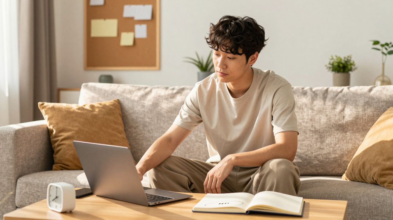 Jovem sentado no sofá usando notebook com livro aberto sobre mesa de centro em ambiente claro e organizado.