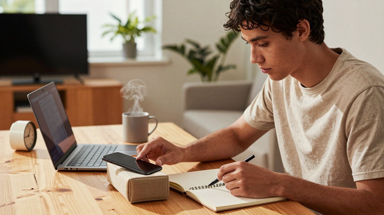 Jovem estudando em mesa com notebook, caderno, celular e caneca com bebida quente.