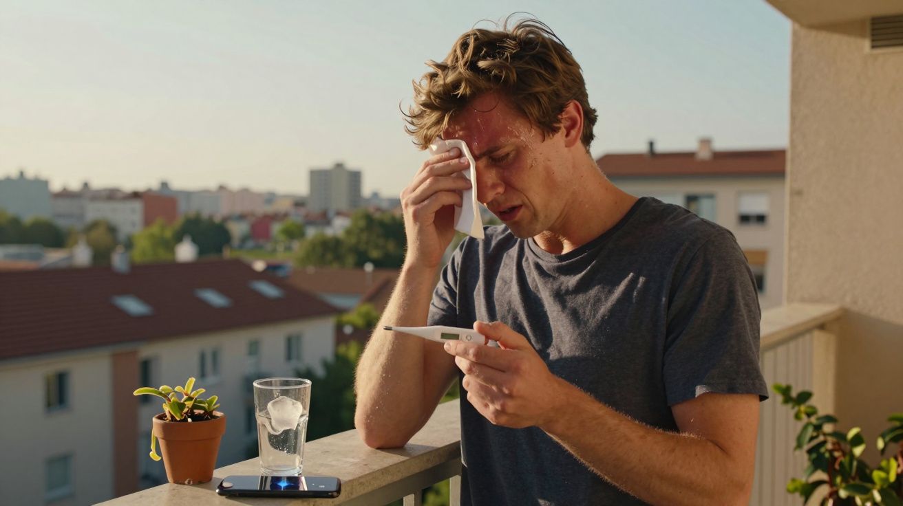 Homem suando e limpando a testa com papel enquanto olha termômetro em varanda de apartamento.