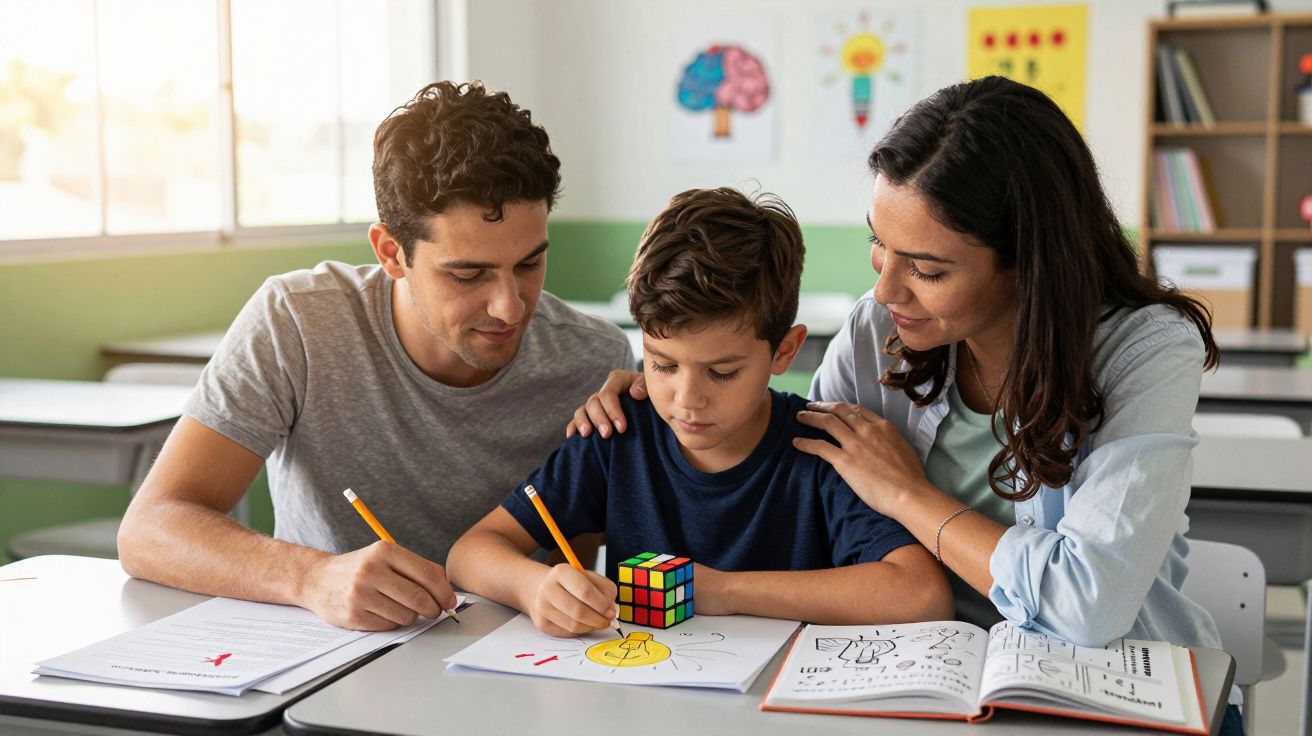 Criança desenhando na escola com apoio de dois adultos, todos sentados à mesa com material escolar.