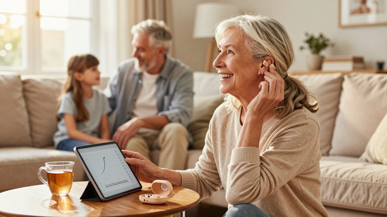 Mulher idosa ajusta aparelho auditivo com tablet na mesa, família conversa ao fundo em sala iluminada.