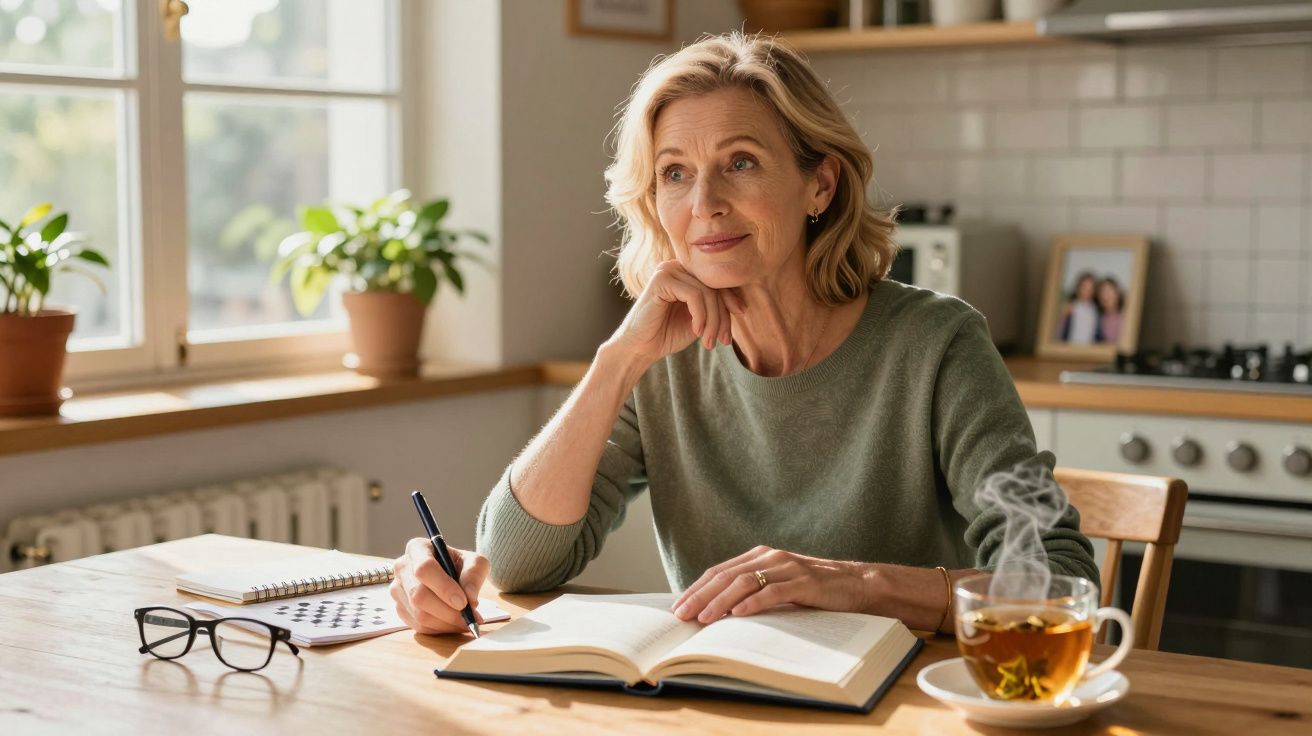 Mulher pensativa escrevendo em livro aberto enquanto bebe chá em cozinha iluminada pela manhã.