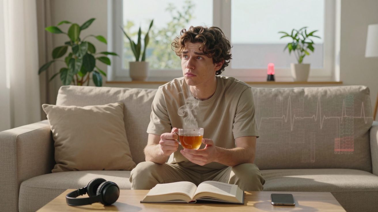 Jovem sentado no sofá com uma xícara de chá quente, livro aberto e fones de ouvido sobre a mesa.