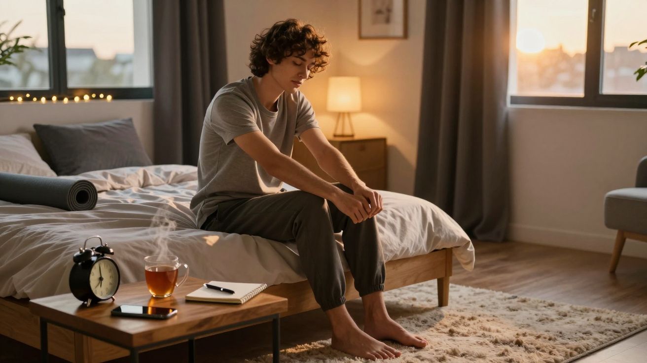 Jovem sentado na cama de um quarto ao pôr do sol, com xícara de chá, despertador e caderno na mesa ao lado.