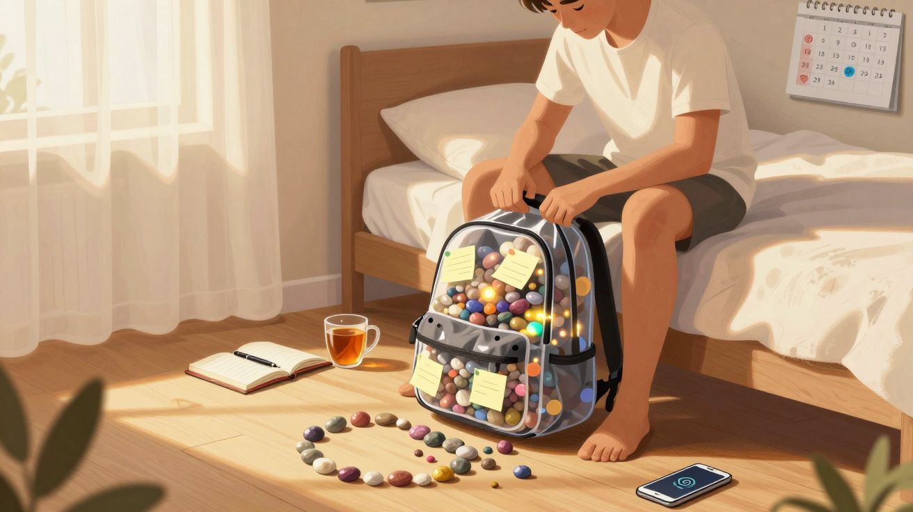 Pessoa sentada na cama segurando mochila transparente cheia de bolas coloridas, com livro, chá e celular no chão.