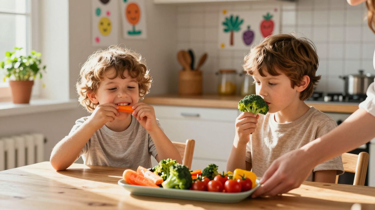 Duas crianças sentadas à mesa comendo legumes frescos, cenoura e brócolis, em cozinha iluminada.