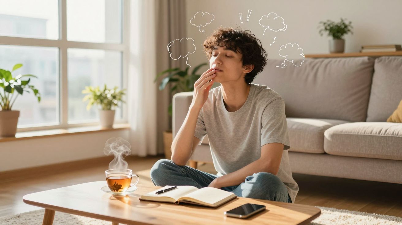 Jovem sentado no chão de sala relaxando, com chá quente, caderno aberto e celular sobre a mesa baixa.