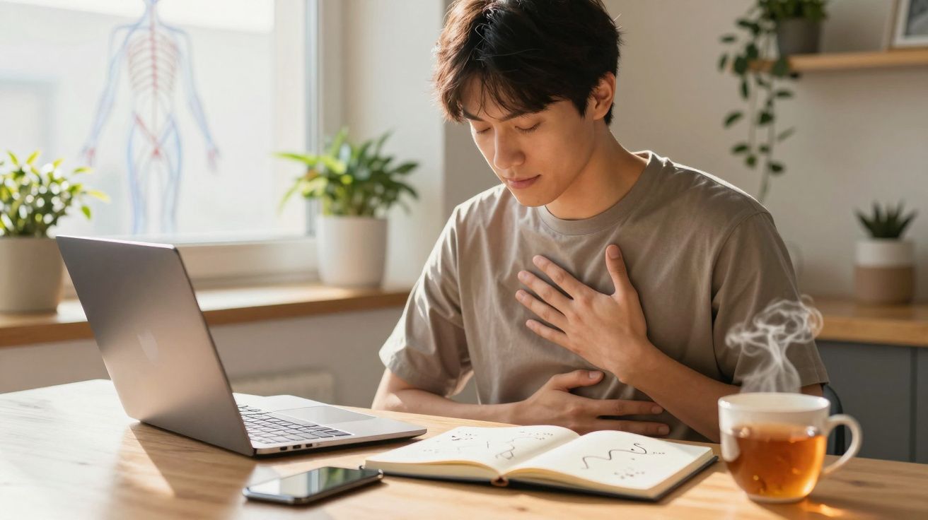 Jovem sentado à mesa com mão no peito e expressão de desconforto, ao lado de notebook, caderno e xícara de chá.