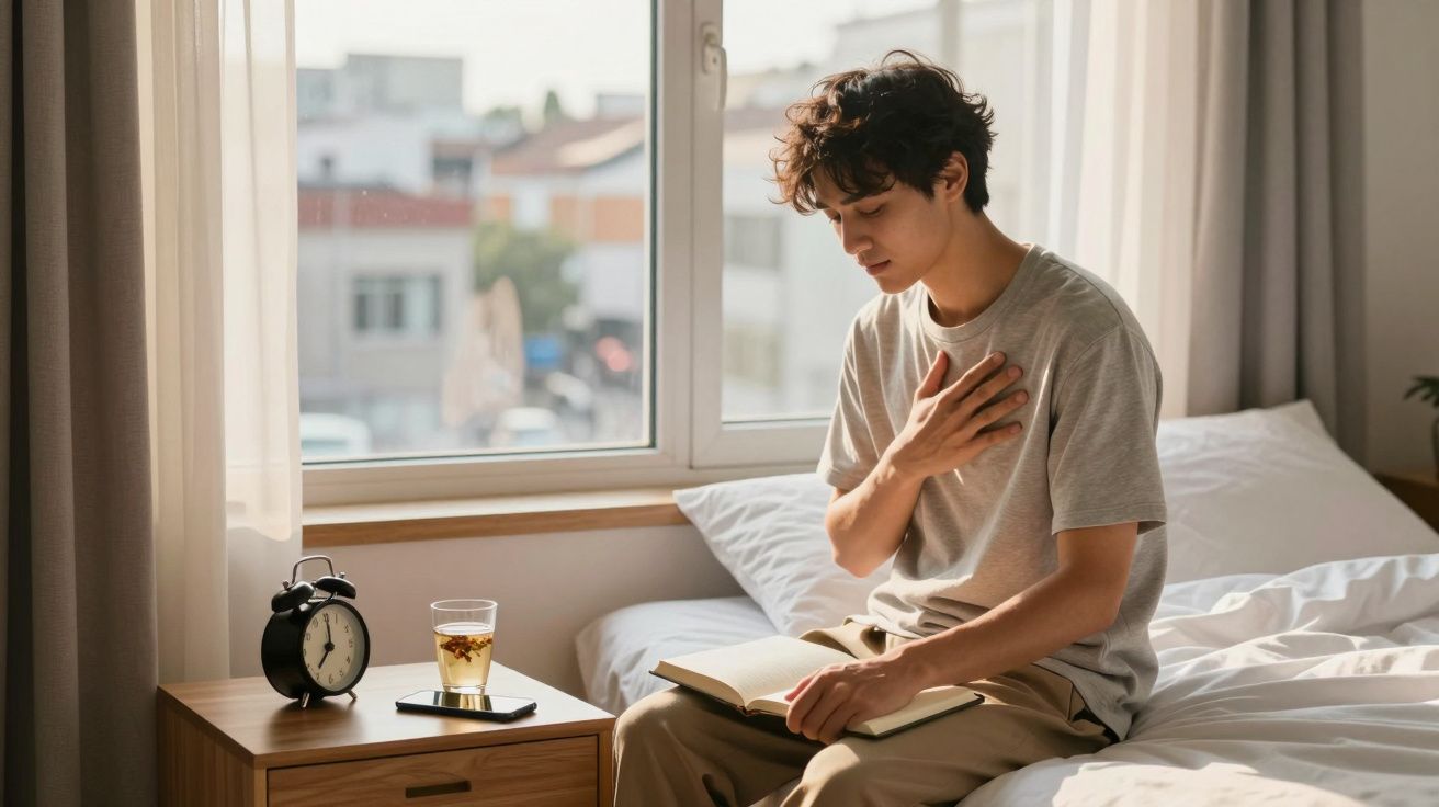 Jovem sentado na cama com mão no peito e livro aberto, ao lado janela e criado-mudo com relógio e copo.