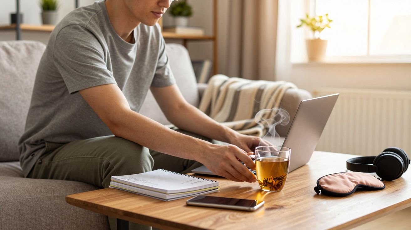 Pessoa sentada no sofá com laptop, celular, caderno, chá quente, fones e máscara de dormir sobre a mesa.