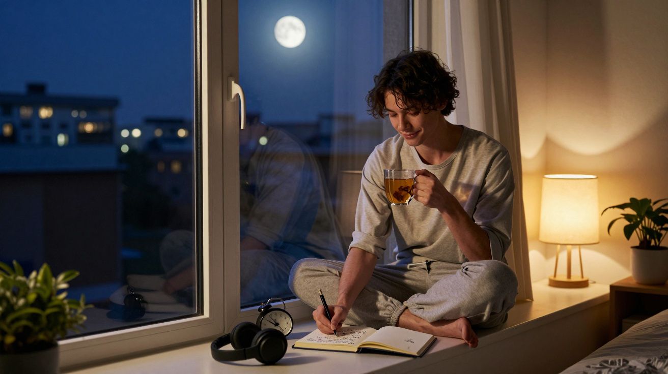 Jovem tomando chá e escrevendo em caderno sentado à janela à noite com luar e lâmpada acesa ao lado.