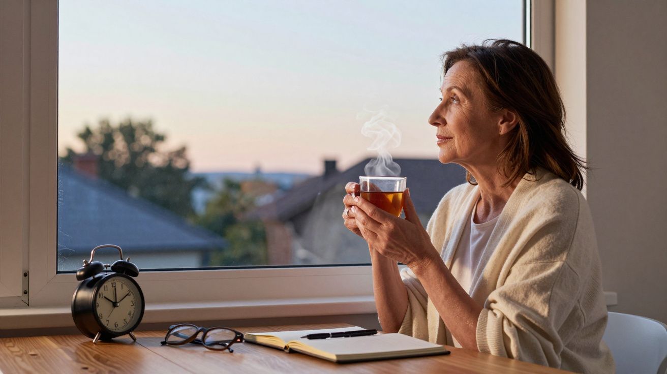 Mulher sentada à mesa perto da janela, segurando xícara de chá quente e olhando para fora, relógio e caderno na mesa.