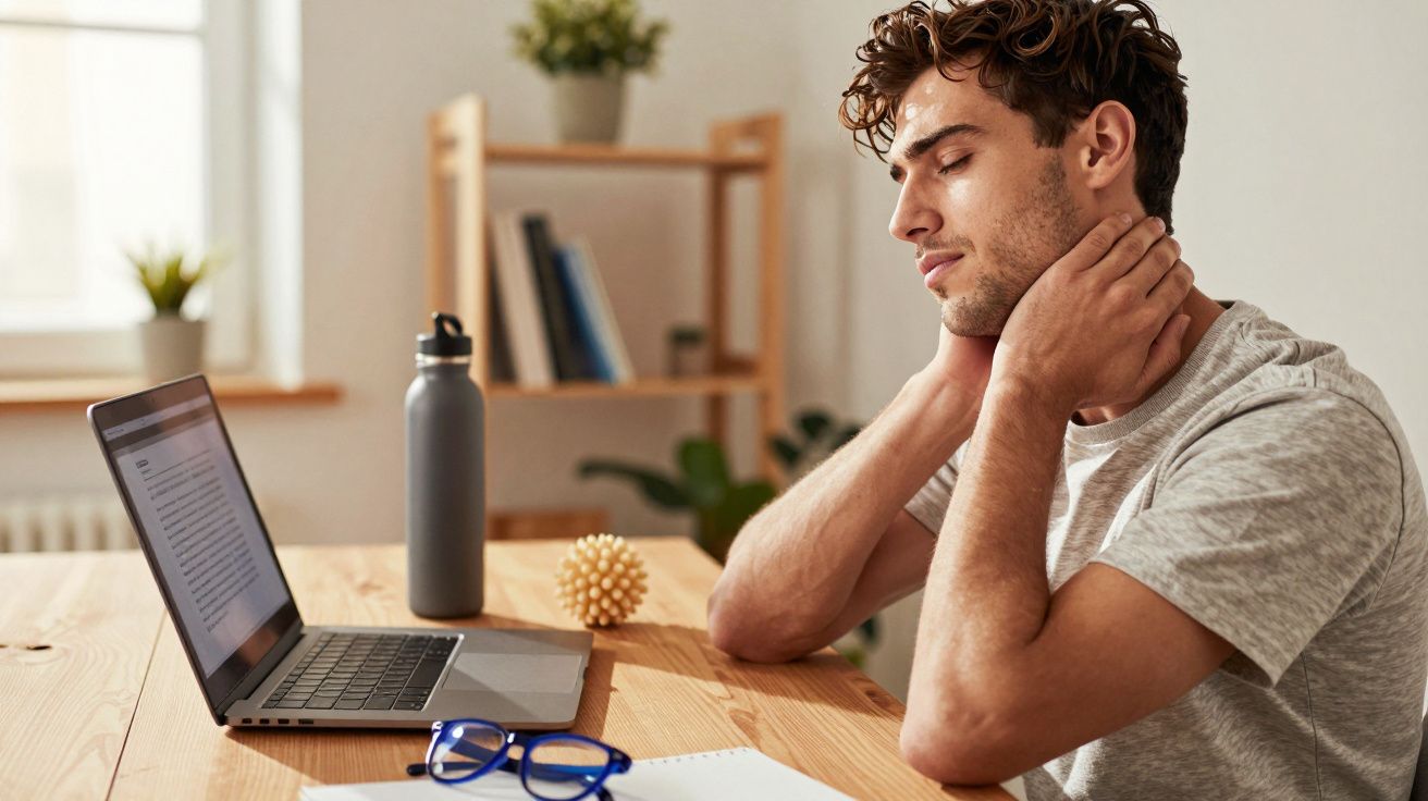 Homem sentado à mesa com laptop, massageando o pescoço em ambiente de escritório caseiro.