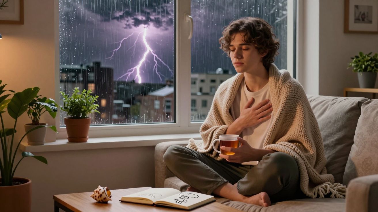 Jovem sentado no sofá com xícara de chá, coberto por manta, meditando enquanto relâmpagos e chuva caem do lado de fora.