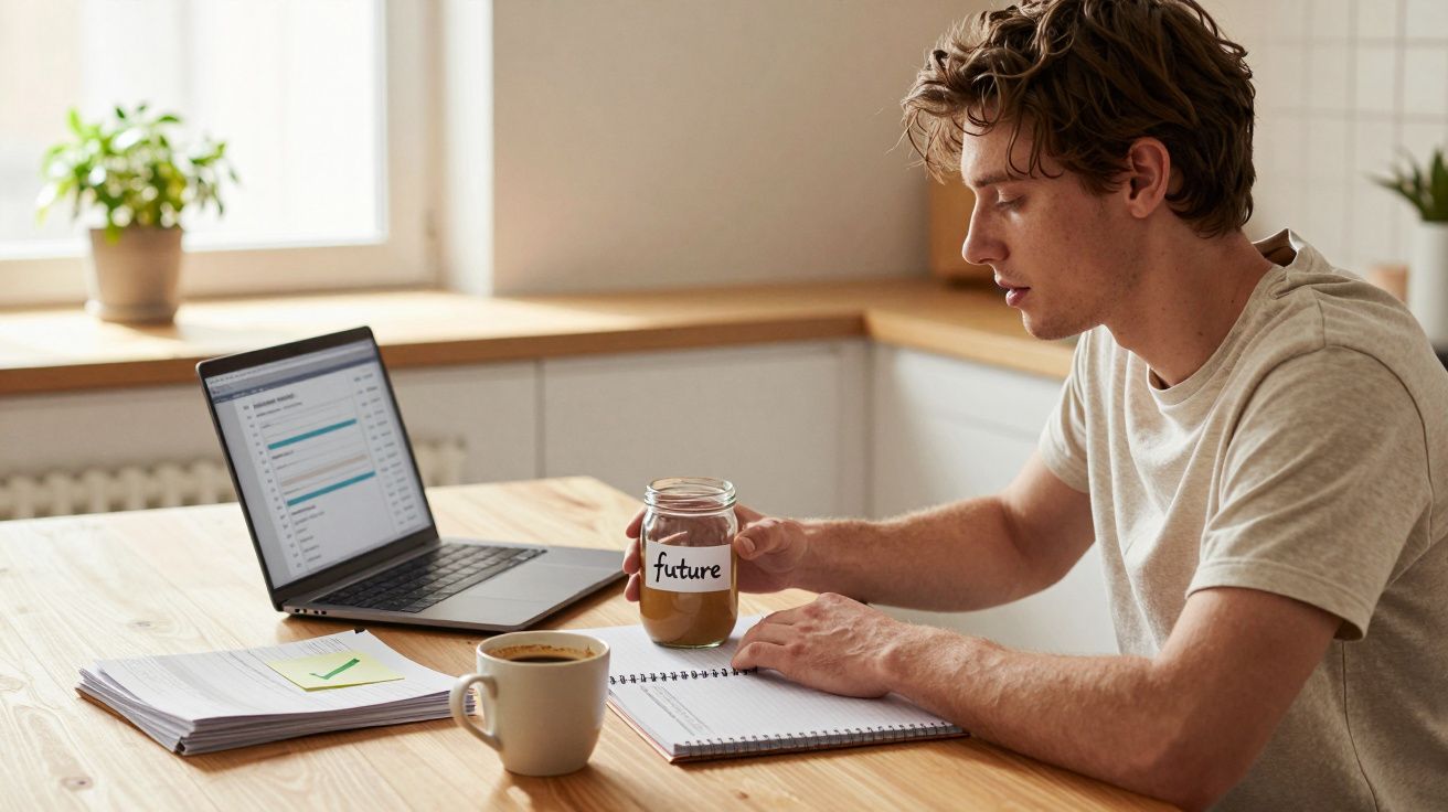 Jovem sentado à mesa com laptop, caderno, café e pote com rótulo "future" em ambiente iluminado.