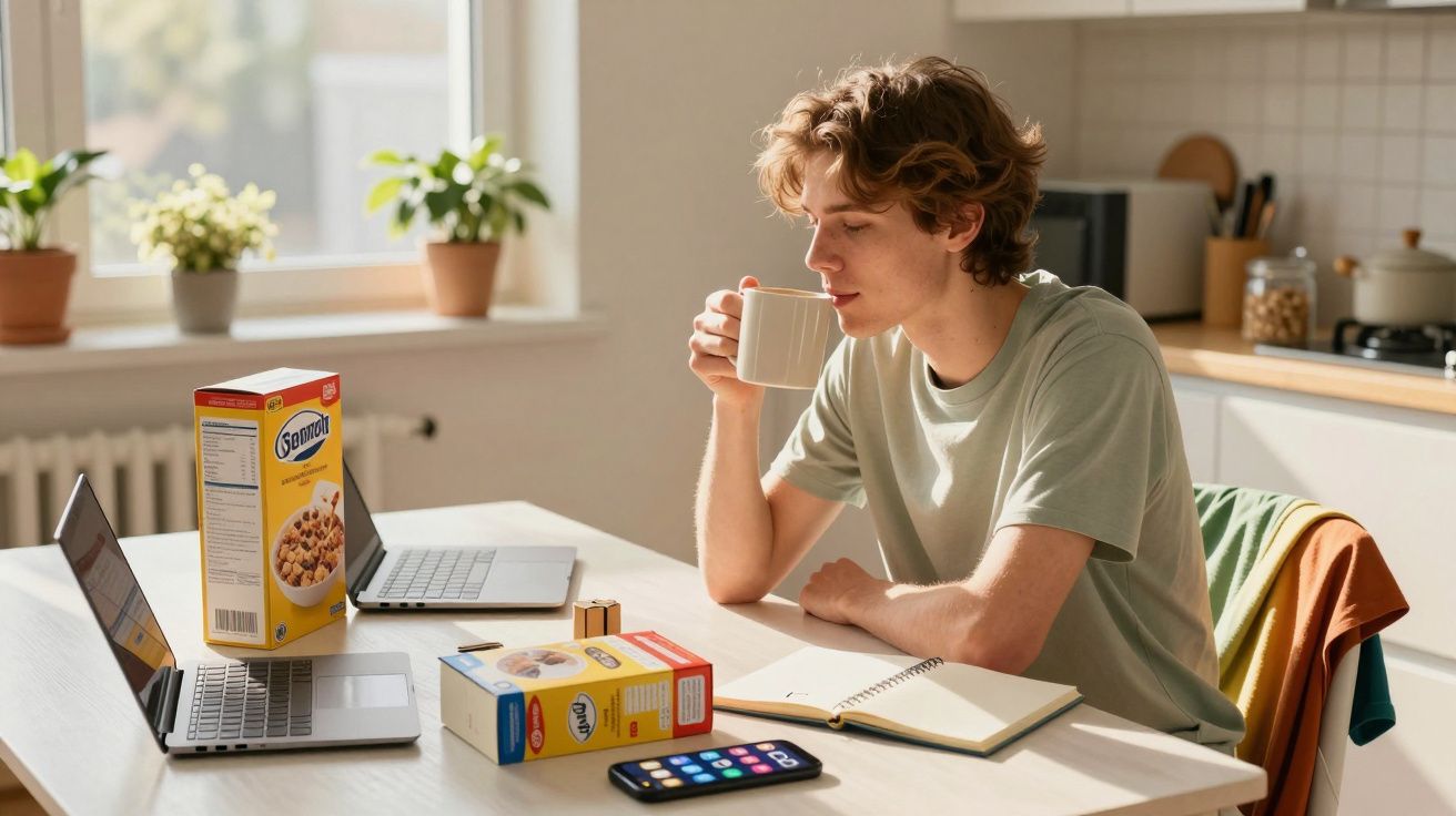 Jovem sentado à mesa em cozinha, bebendo de uma caneca, com notebook, caderno, celular e caixas de cereal.