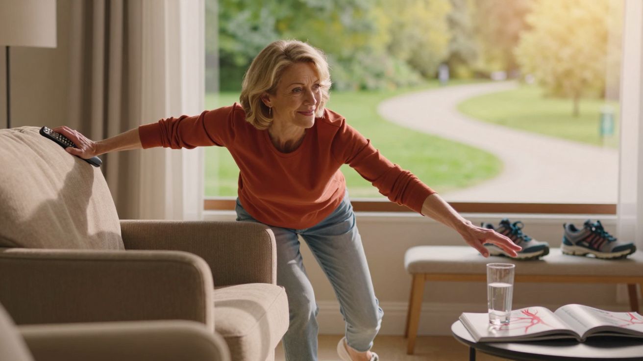 Mulher se alongando usando a mesa como apoio em sala iluminada com janela para área verde.
