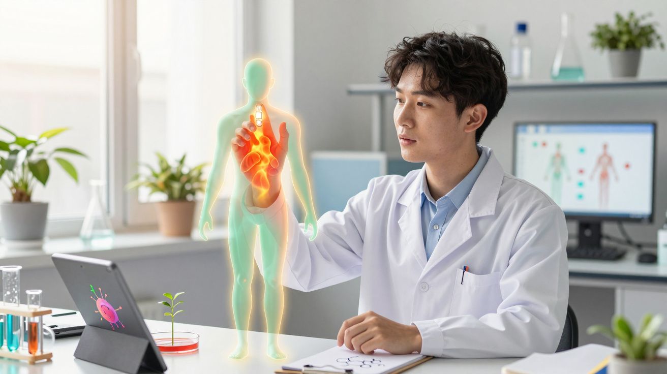 Homem de jaleco analisando holograma do sistema esquelético e muscular em ambiente de laboratório.