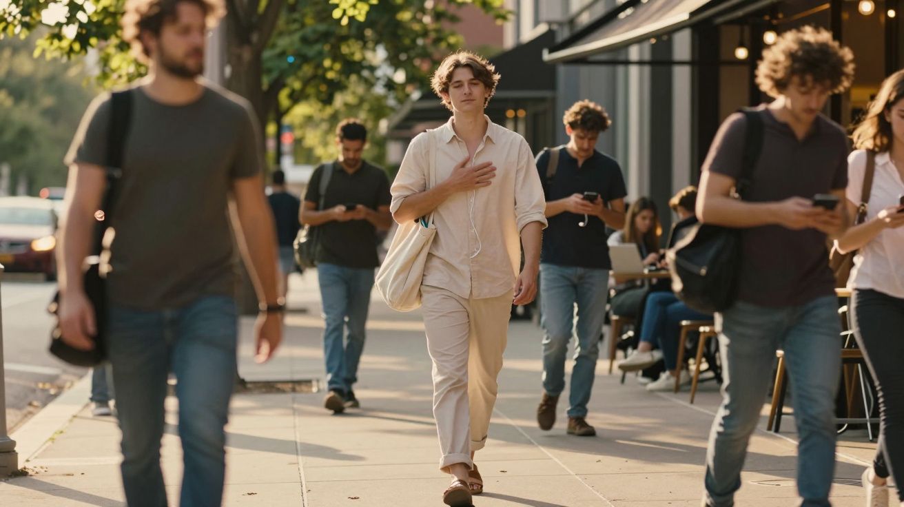 Jovem caminhando na calçada de rua urbana com mão no peito, enquanto pessoas ao redor usam celular.