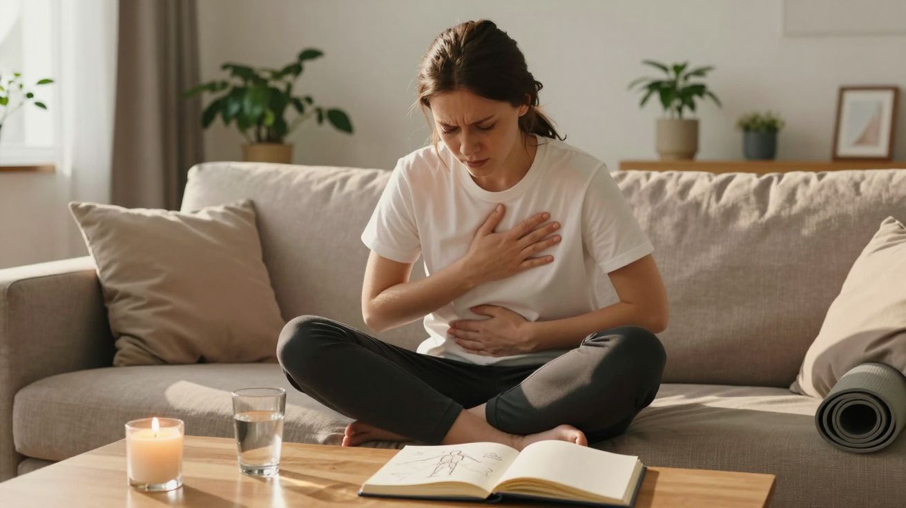 Mulher sentada no sofá segurando o peito e abdômen, com expressão de dor, ao lado de livro, vela e copo d'água.