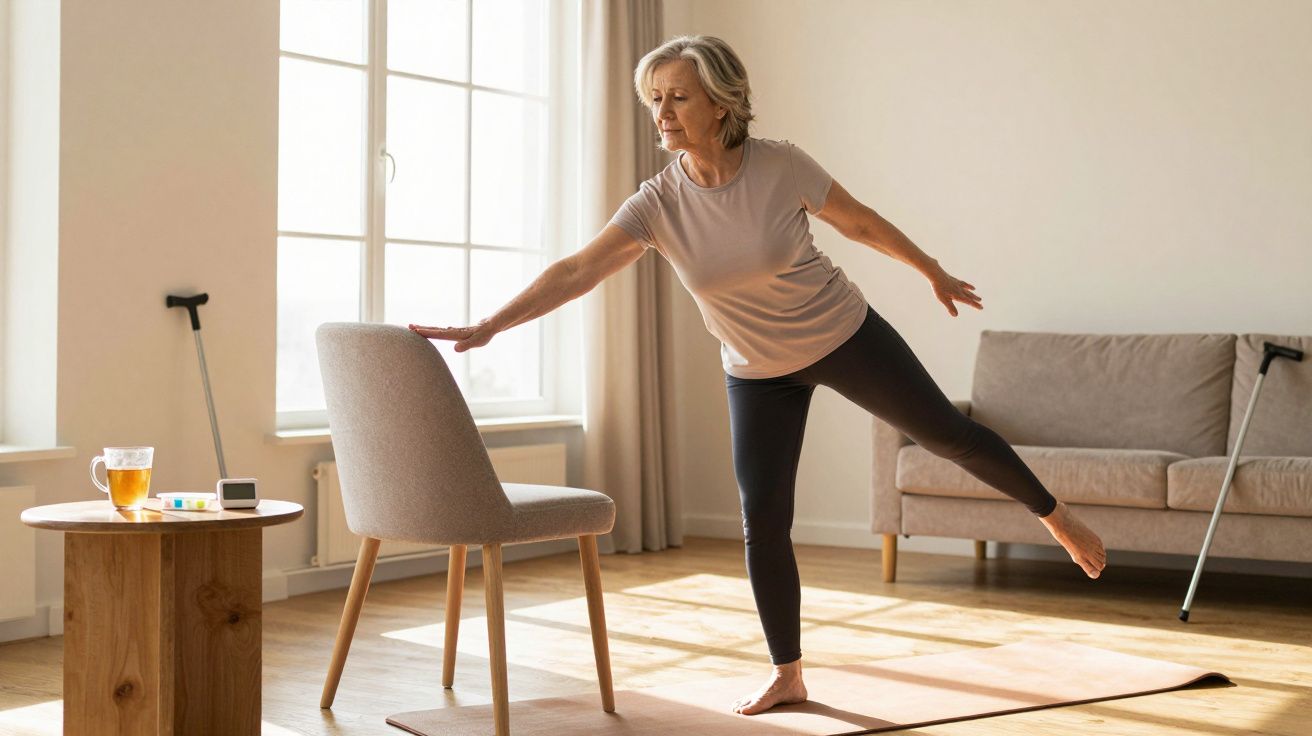 Mulher idosa faz exercícios de equilíbrio segurando uma cadeira em uma sala iluminada pelo sol.