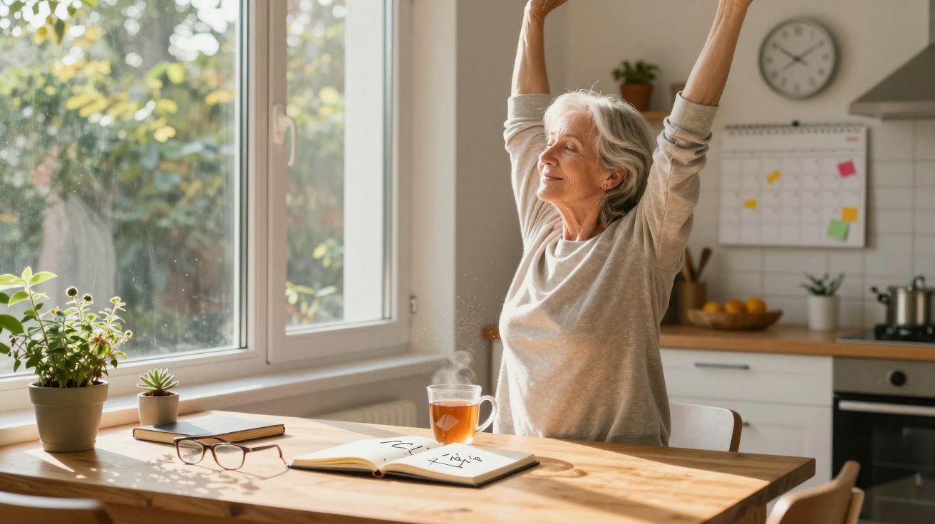 Mulher idosa se espreguiçando sentada à mesa com caderno, chá quente e plantas ao lado da janela iluminada.