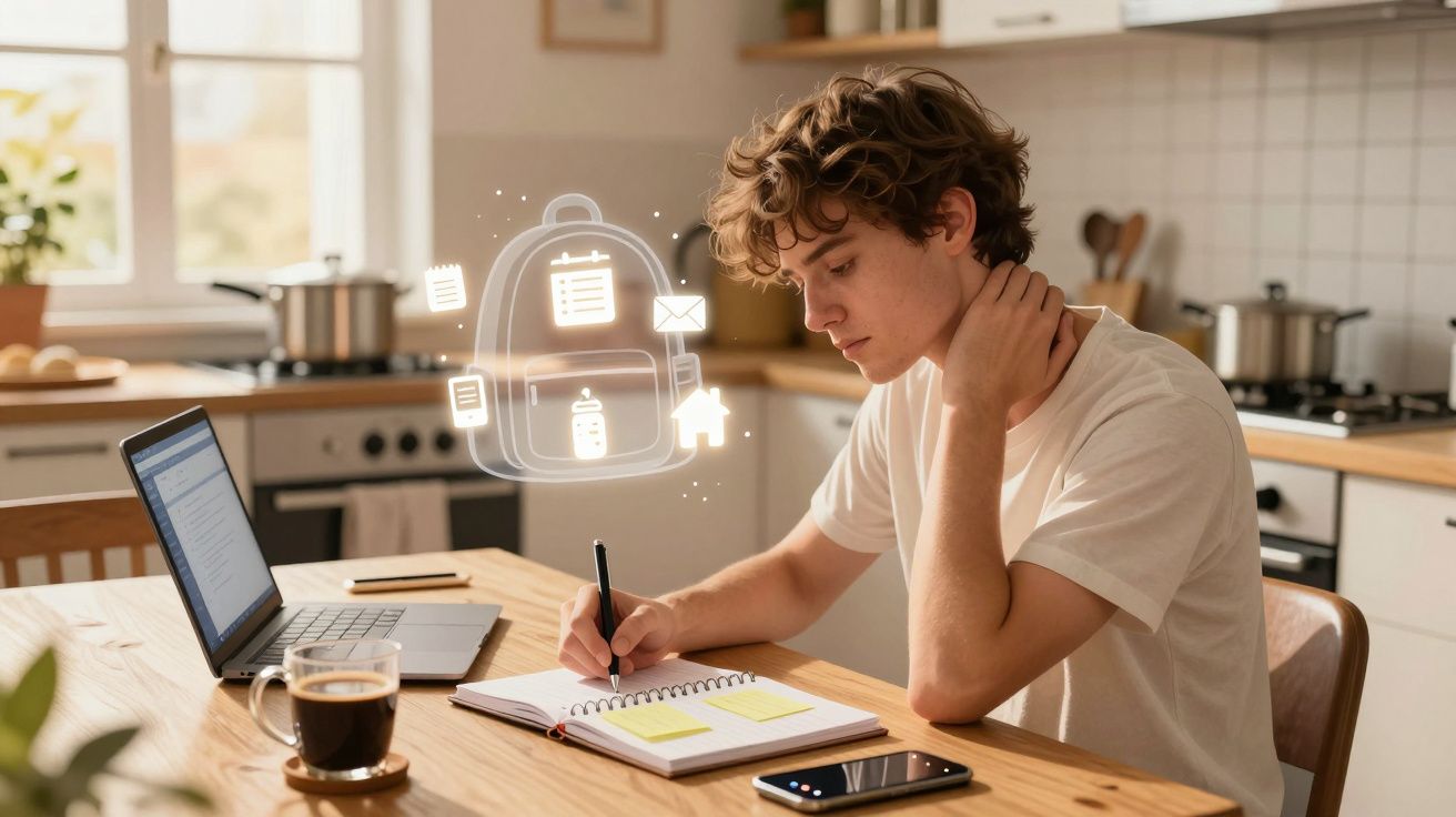 Jovem estudando com notebook aberto, caderno e café em uma cozinha iluminada durante o dia.