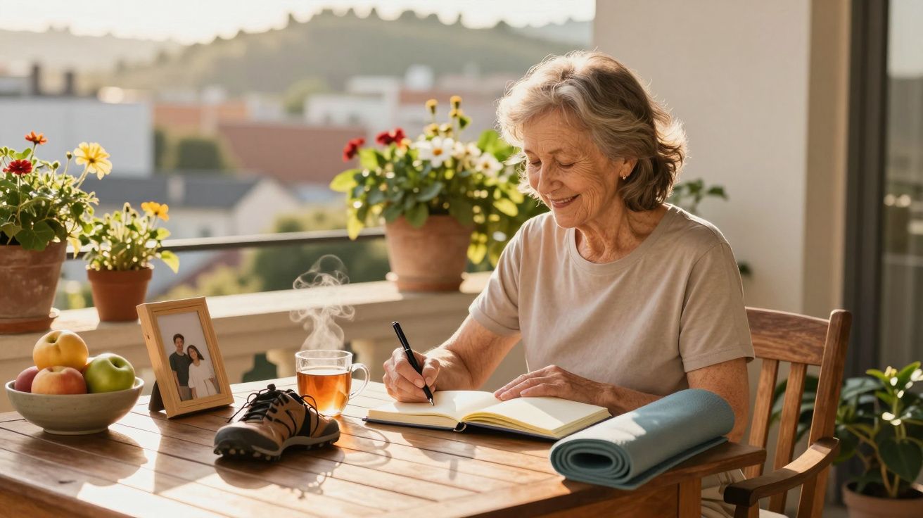 Idosa sorridente escrevendo em caderno numa varanda com plantas, chá quente e tênis ao lado.