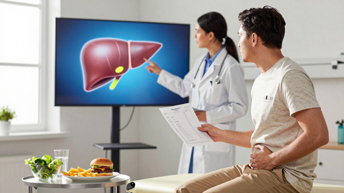 Paciente com dor abdominal consulta médica que aponta imagem do fígado em monitor, com alimentos na mesa.