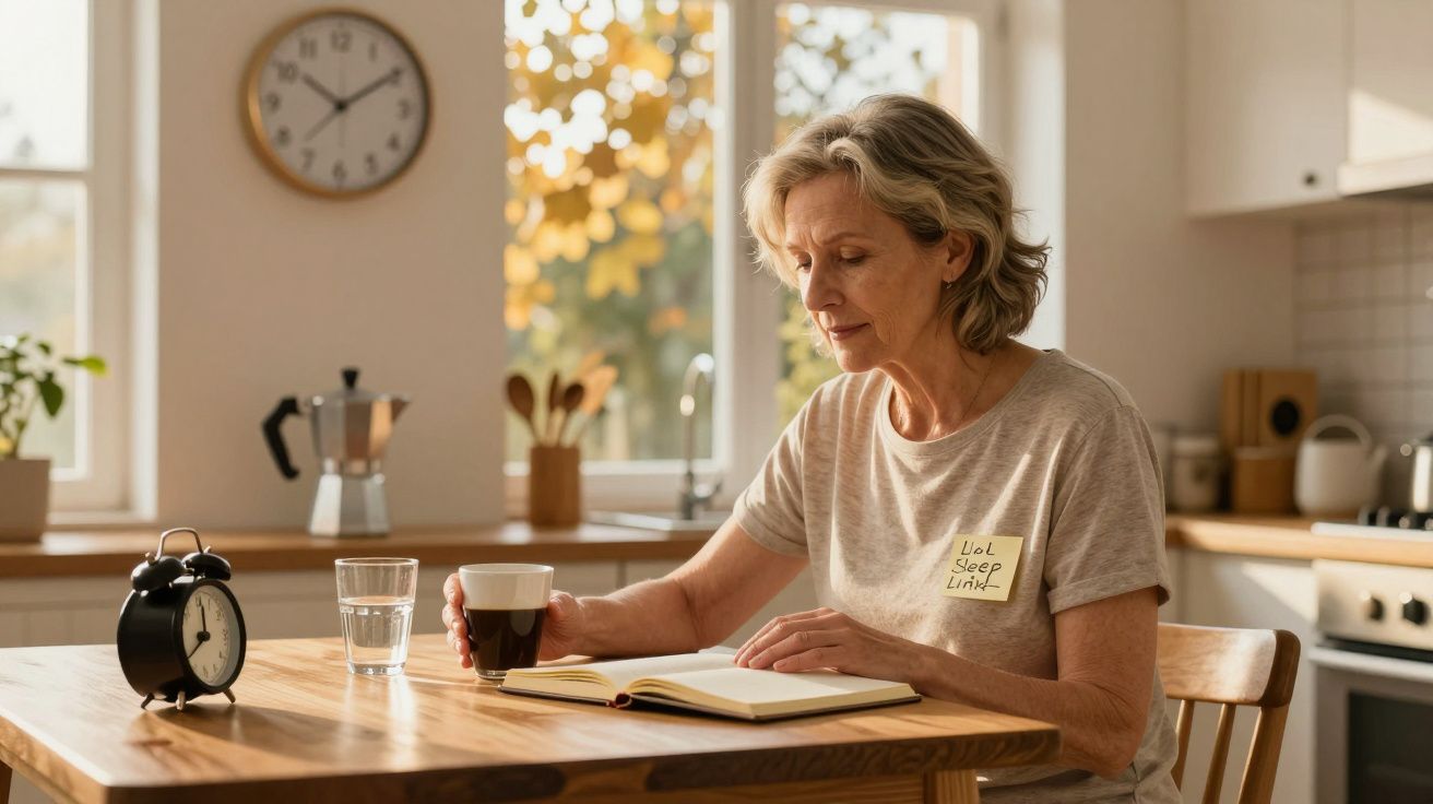 Mulher madura sentada à mesa lendo livro, segurando xícara de café, com relógio e copo d'água na cozinha.