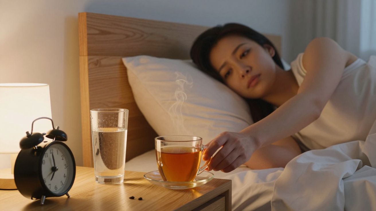 Mulher deitada na cama alcançando xícara de chá em uma mesa de cabeceira com relógio e copo d'água.