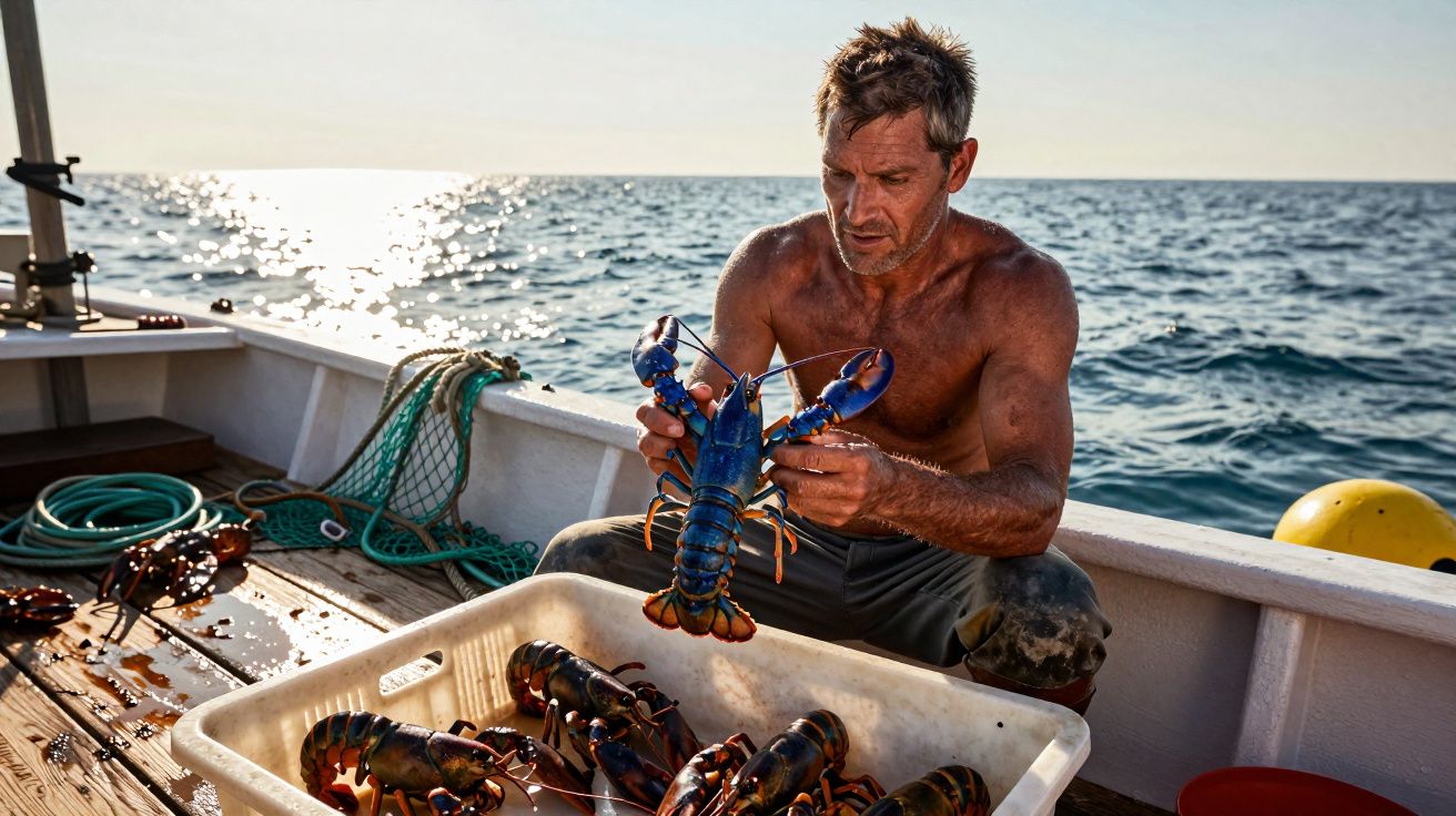Homem sem camisa segurando uma lagosta azul em um barco, com várias lagostas em uma caixa branca e o mar ao fundo.