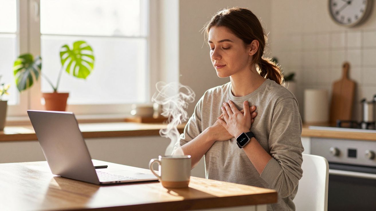 Mulher sentada à mesa com laptop, mãos no peito, respirando fundo, ao lado de xícara de café com vapor.