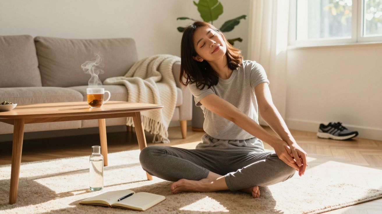 Mulher sentada no chão esticando os braços em sala iluminada com tapete, mesa, chá e caderno.
