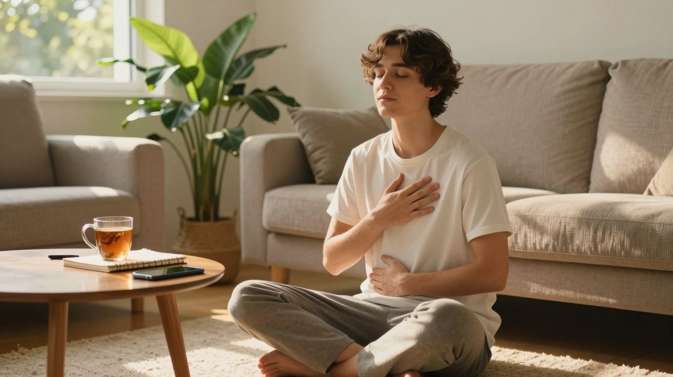 Pessoa jovem sentada no chão, meditando com mãos sobre o peito e abdômen em sala iluminada.