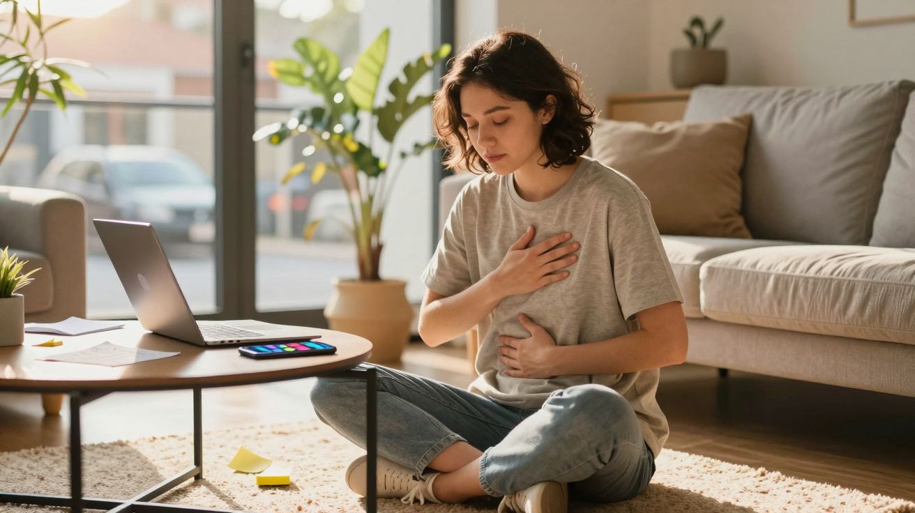 Mulher sentada no chão da sala, com expressão de dor segurando peito e barriga, ao lado de mesa com laptop.