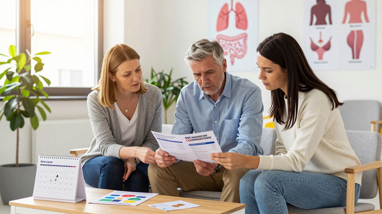 Três pessoas sentadas discutindo documentos em consultório médico com gráficos e calendário na mesa.