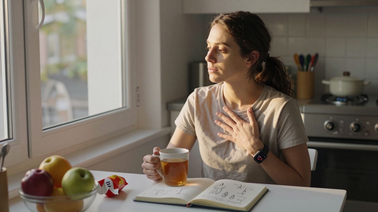 Mulher sentada à mesa com chá, olhando pela janela em ambiente de cozinha iluminado pela manhã.