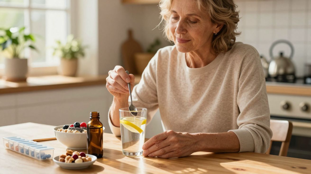 Mulher idosa tomando remédio com copo de água com fatia de limão na cozinha bem iluminada.