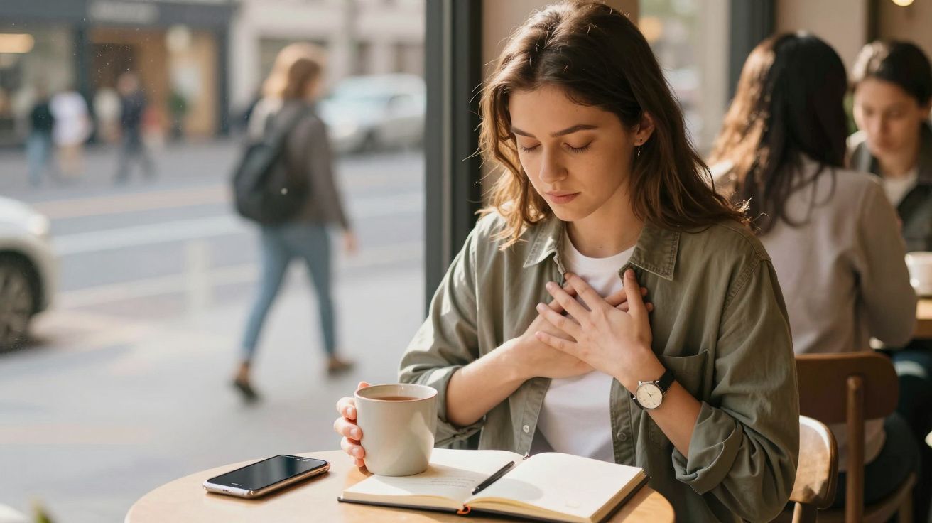 Mulher sentada em cafeteria com xícara, notebook aberto e mãos no peito demonstrando desconforto.