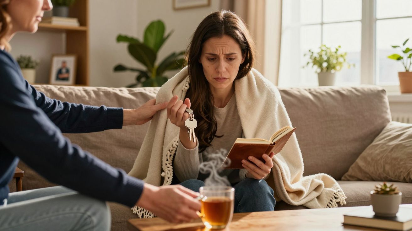 Mulher triste segurando chave e livro sentada no sofá, sendo confortada por outra pessoa.