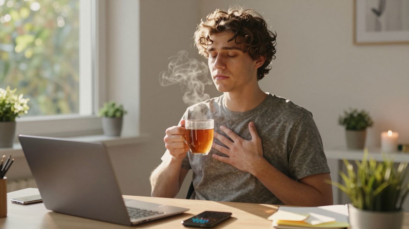 Jovem sentado em escritório doméstico, segurando xícara de chá quente com vapor, parece aliviado.