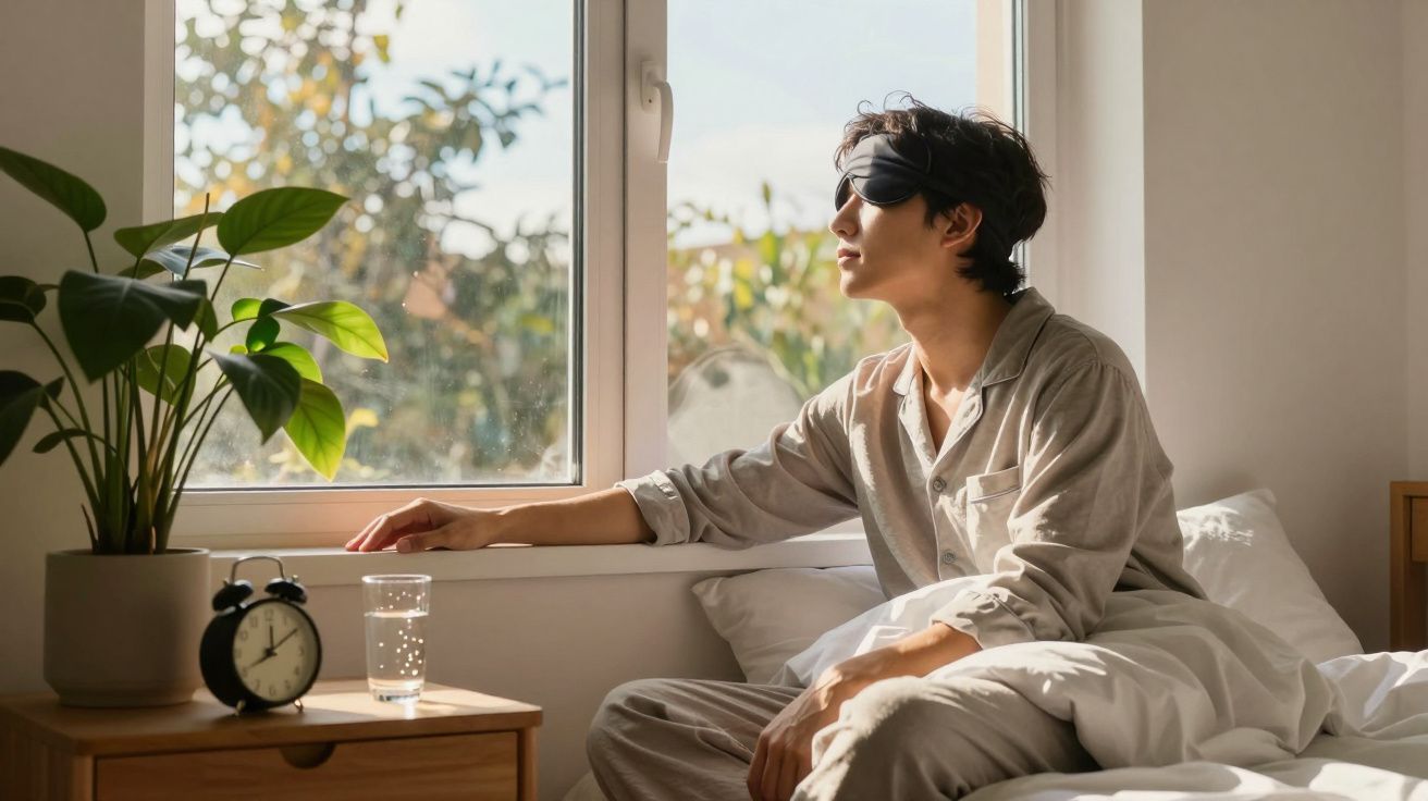 Pessoa com máscara de dormir sentada na cama olhando pela janela em ambiente iluminado pela manhã.